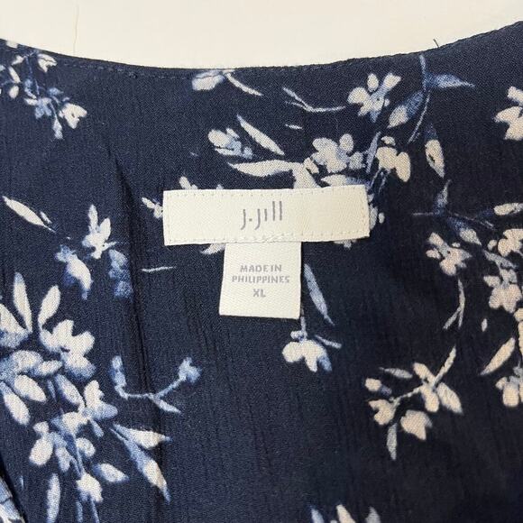 J Jill Floral Midi Dress Blue White Size XL Peasant Cottage Boho Feminine Casual - Picture 3 of 10